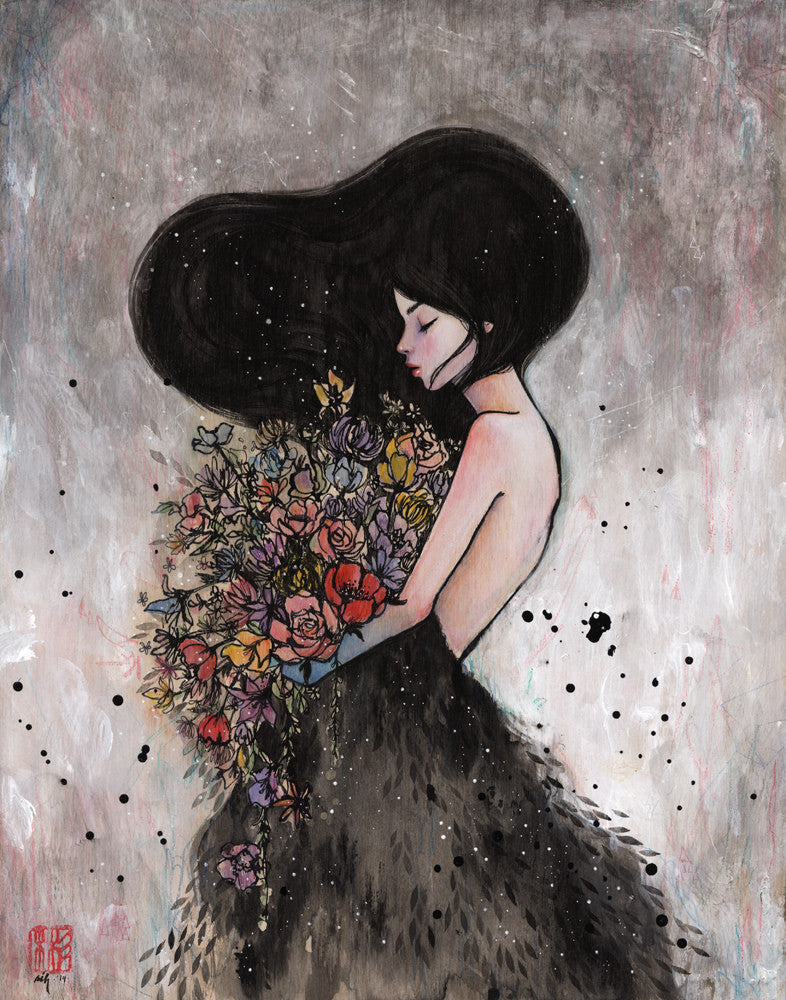 In a Stella Im Hultberg style, the woman stands in profile with flowing black hair over a textured dark dress, holding a colorful bouquet against soft gray hues and paint splatter accents, capturing mixed media arts essence.