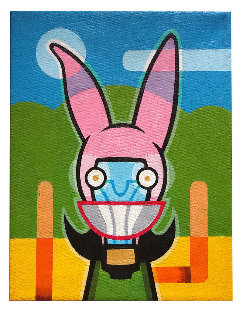 This colorful abstract painting by Steve Dressler is reminiscent of a Louise piece from Bobs Burgers art show, featuring a character with a blue mask, large eyes, and bright pink rabbit ears set against vibrant green hills, a blue sky, and an orange field.