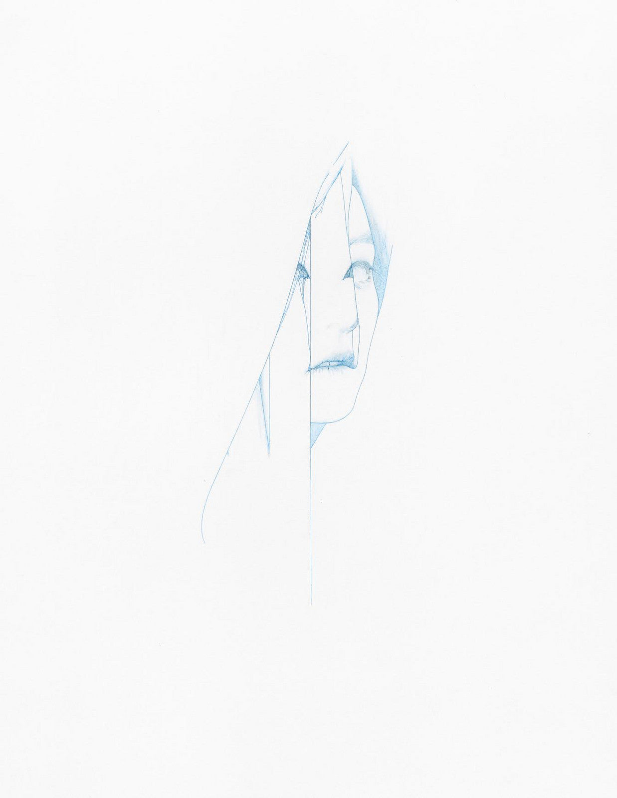 A minimalist Steve Kim drawing, in light blue with colored pencil and graphite, depicts a partially obscured face with long hair on a plain white background. The calm yet slightly distorted expression is characteristic of his signature style.