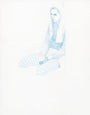 A Steve Kim-style illustration depicts a person in a hooded jacket and striped leggings. Sitting serenely with clasped hands against a blank background, the image exudes tranquility through light blue tones and colored pencil-like textures.