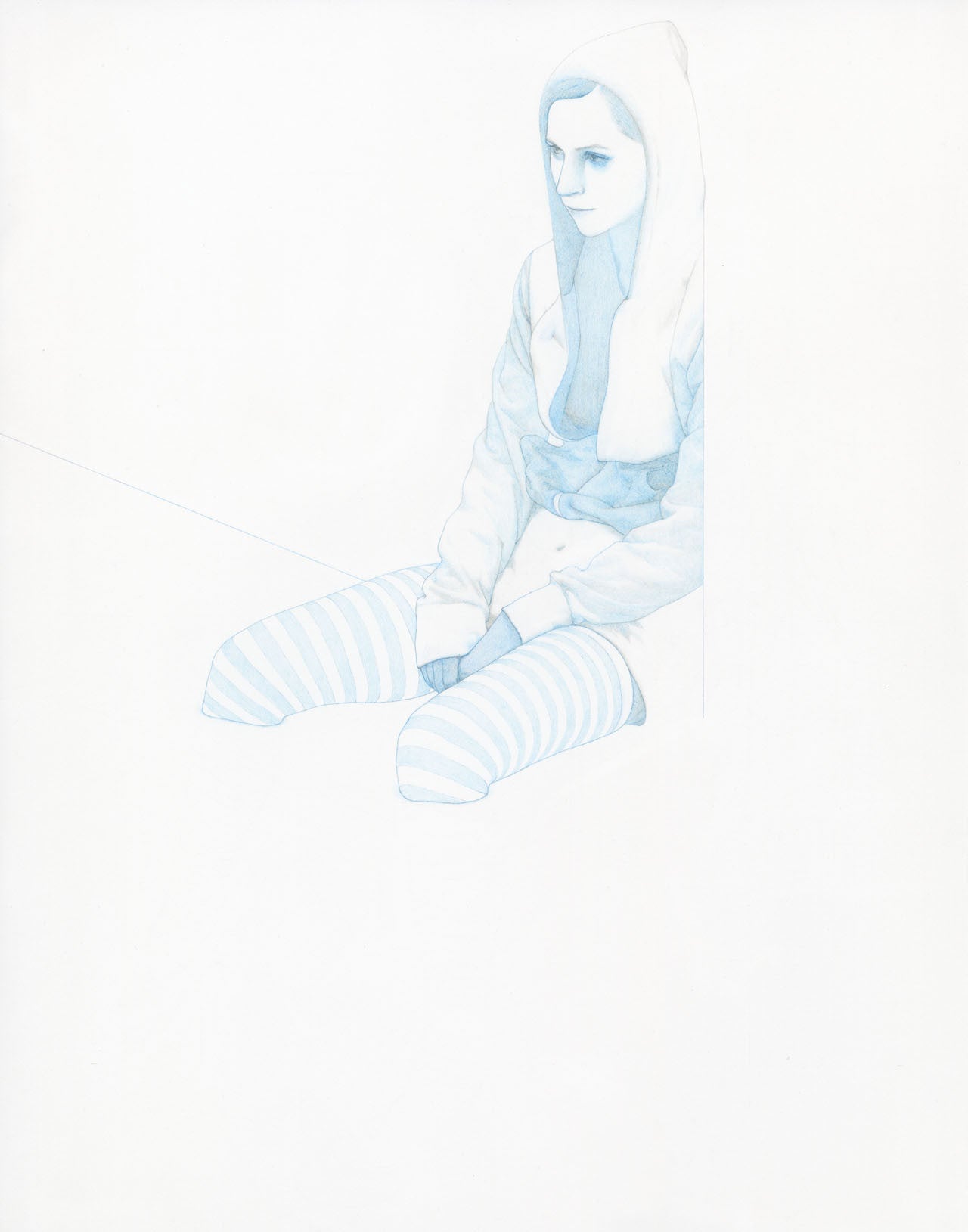 A Steve Kim-style illustration depicts a person in a hooded jacket and striped leggings. Sitting serenely with clasped hands against a blank background, the image exudes tranquility through light blue tones and colored pencil-like textures.