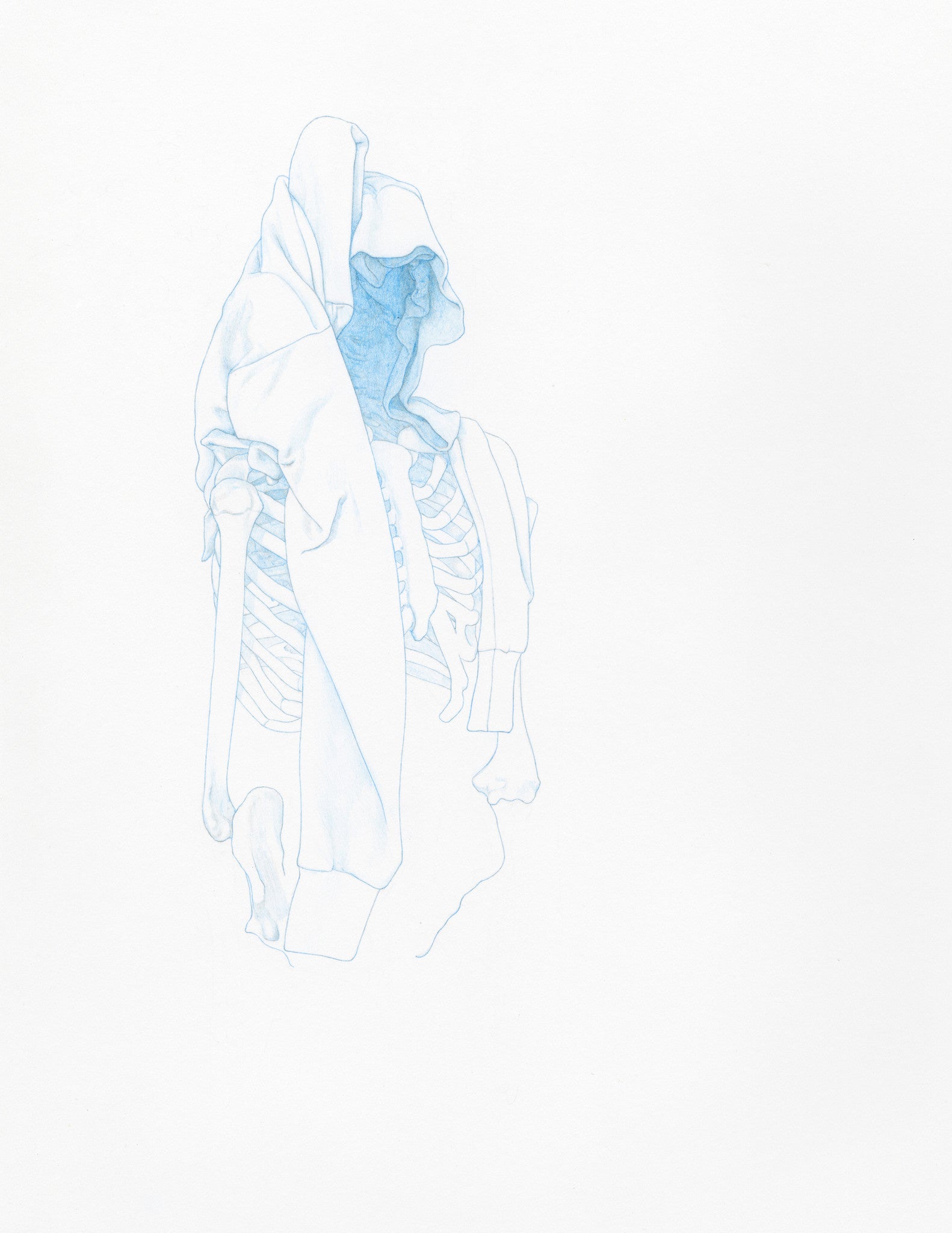 Steve Kims colored pencil drawing features a skeleton partially cloaked in a white hoodie, set against a plain background. This piece highlights the contrast between fabric and bone, capturing Steve Kims unique style.