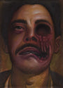 Steven Dailys surreal oil on canvas painting depicts a mustachioed man with one normal eye and a hollow, distorted area for the other eye and cheek. Dark tones add a haunting atmosphere, making it a fitting Martin Scorsese tribute.