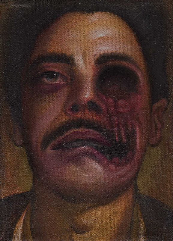 Steven Dailys surreal oil on canvas painting depicts a mustachioed man with one normal eye and a hollow, distorted area for the other eye and cheek. Dark tones add a haunting atmosphere, making it a fitting Martin Scorsese tribute.