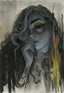 This captivating grayscale painting by Tatiana Suarez portrays a woman with a striking red eye, long dark wavy hair with bright yellow and orange highlights, resting her chin on her hand amidst abstract vine-like elements against a textured backdrop—ideal for any two-person exhibition.