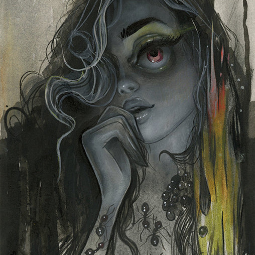This captivating grayscale painting by Tatiana Suarez portrays a woman with a striking red eye, long dark wavy hair with bright yellow and orange highlights, resting her chin on her hand amidst abstract vine-like elements against a textured backdrop—ideal for any two-person exhibition.