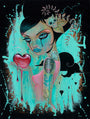 Inspired by Caia Koopmans Stitched Up, this art depicts a woman with dark hair and bold makeup, holding a bleeding heart with fierce mask and dragon tattoos. A small skull rests on her shoulder, set against a teal background featuring heart motifs.