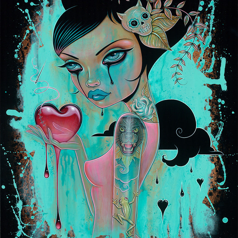 Inspired by Caia Koopmans Stitched Up, this art depicts a woman with dark hair and bold makeup, holding a bleeding heart with fierce mask and dragon tattoos. A small skull rests on her shoulder, set against a teal background featuring heart motifs.