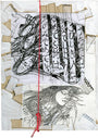 Abstract artwork by Barron Storey features two graphite sketches with black-and-white tones. The top sketch intertwines faces and Japanese text, while the bottom shows a contemplative figure, all connected by a red string on a textured background.