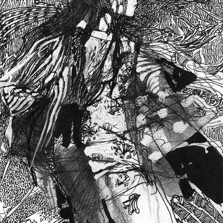 A black and white illustration of a woman in a flowing robe with long hair, surrounded by intricate swirling patterns, reminiscent of Barron Storeys ink and graphite style. Her form blends into a complex background of lines, foliage, and textured shapes.