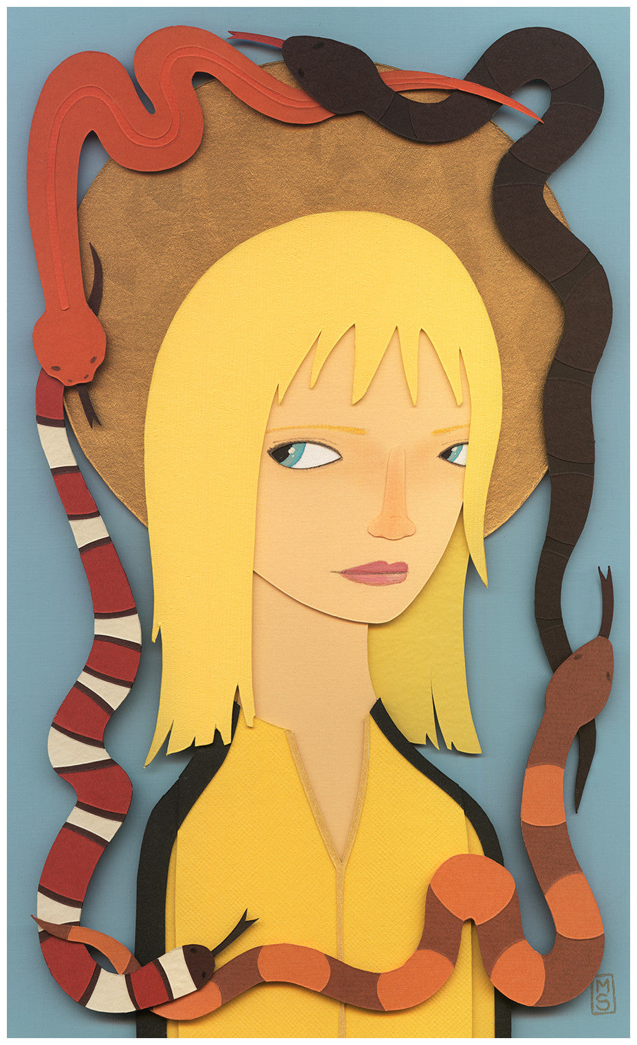 A collage-style illustration by Meghan Stratman features a person with yellow hair and a large brown hat adorned with colorful snakes. Set against a light blue background, the figure dressed in yellow exudes calmness, reminiscent of Saint Beatrix.