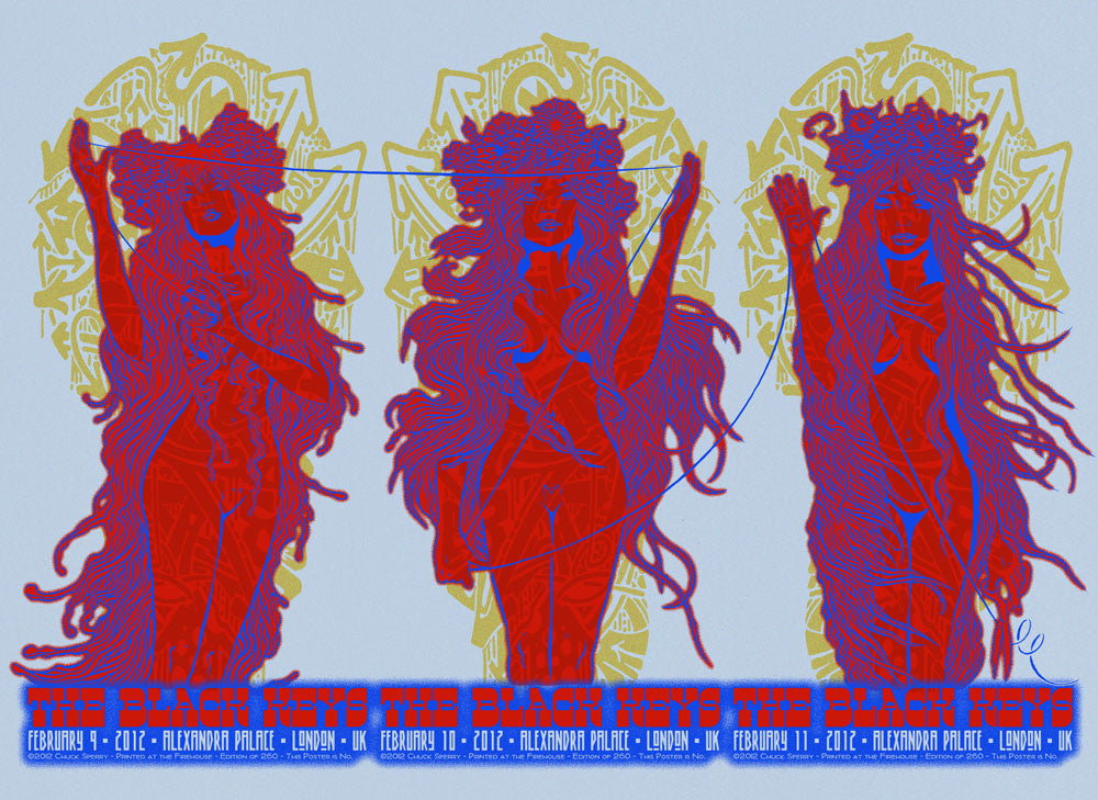 Three psychedelic silhouettes in red, holding music instruments, are set against an intricate yellow background. The Black Rose is boldly written below in blue. This exclusive Pearl Blue Opal Edition event by Chuck Sperry takes place this February in London.