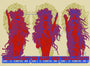 Three stylized silhouettes in dynamic poses are adorned with intricate patterns and vivid red and blue hues. The background echoes Chuck Sperrys style, featuring ornate designs and repeated text highlighting an event at Alexandra Palace, London.