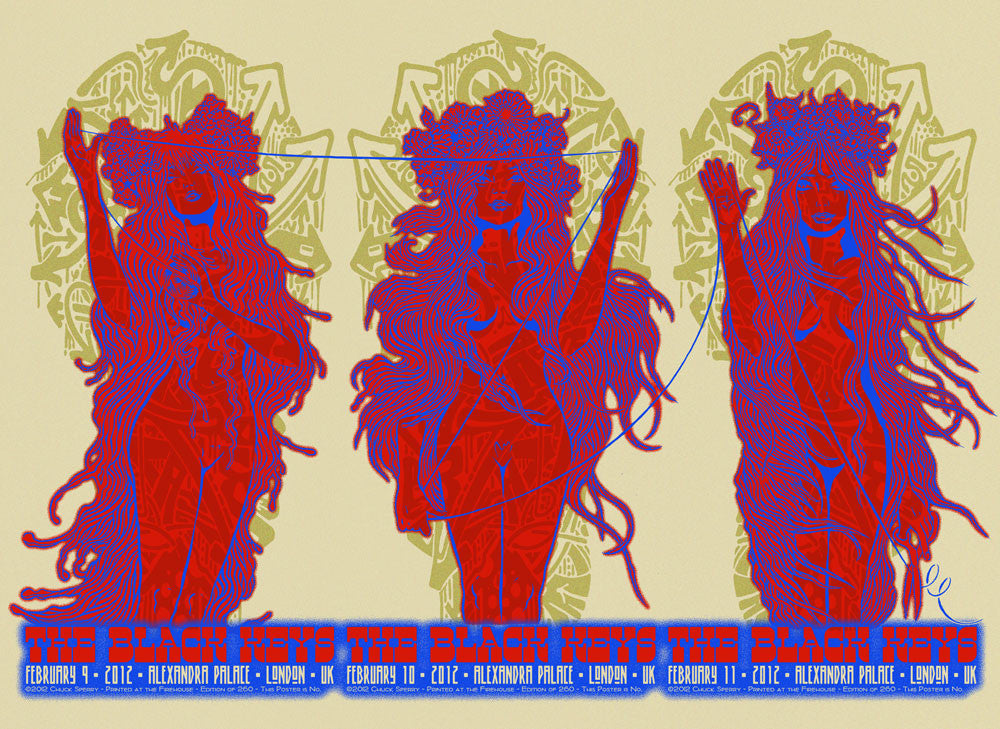Three stylized silhouettes in dynamic poses are adorned with intricate patterns and vivid red and blue hues. The background echoes Chuck Sperrys style, featuring ornate designs and repeated text highlighting an event at Alexandra Palace, London.