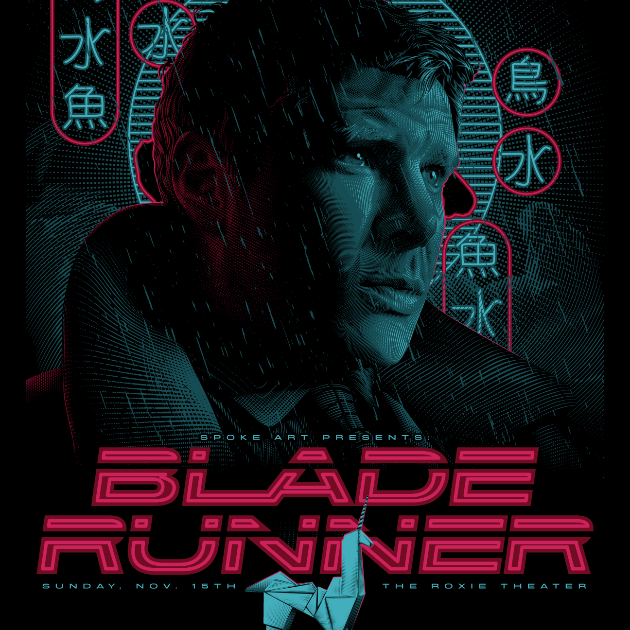 Tracie Chings limited edition Blade Runner screen print showcases a man in a futuristic scene with neon Japanese text. The bold pink title stands out, an origami unicorn adorns the bottom, and event details blend into the top and bottom of the design.