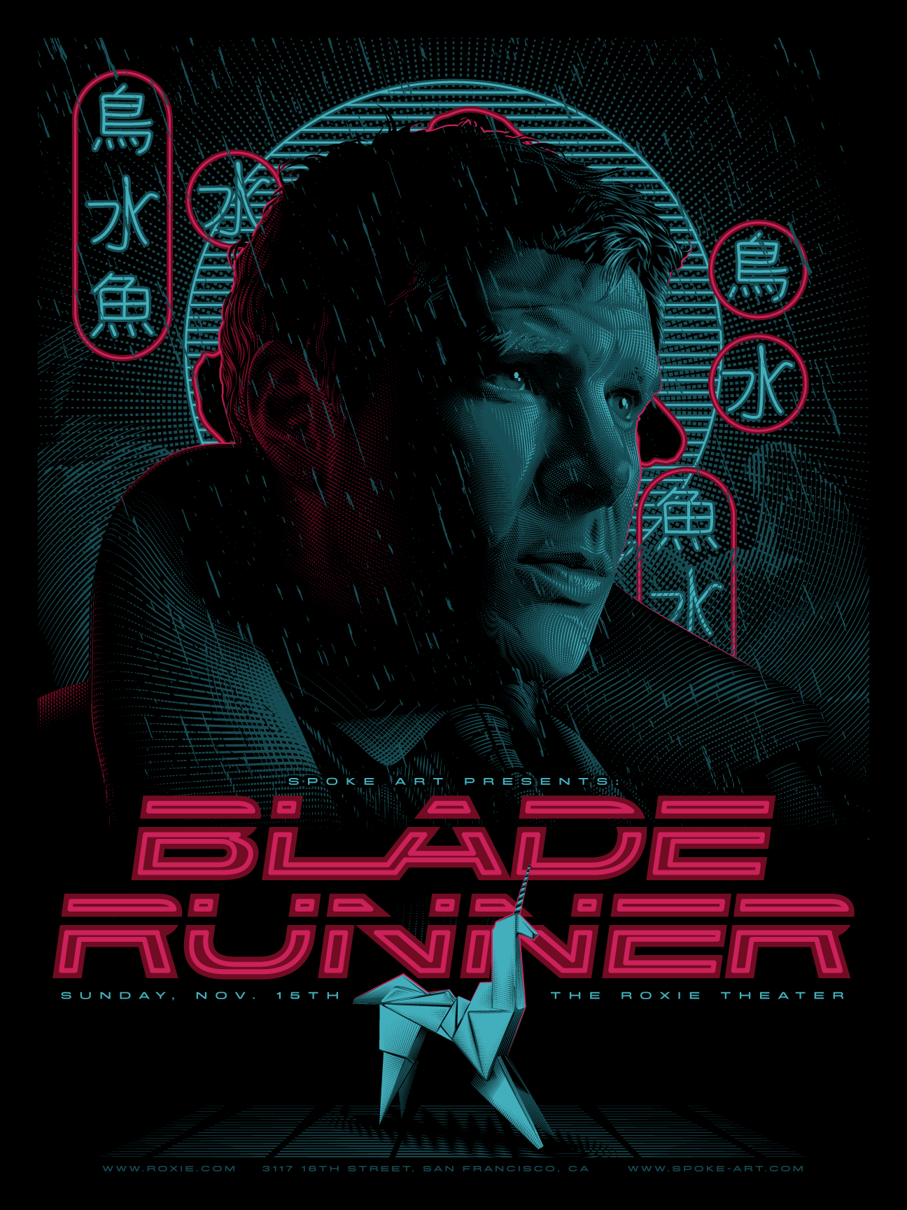 Tracie Chings limited edition Blade Runner screen print showcases a man in a futuristic scene with neon Japanese text. The bold pink title stands out, an origami unicorn adorns the bottom, and event details blend into the top and bottom of the design.