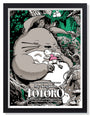 This illustrated screenprint poster of My Neighbor Totoro by Joshua Budich features a large grey creature sleeping with a girl in pink amidst a lush green forest, Totoros in the background. Its signed, numbered, and includes detailed movie text and credits.
