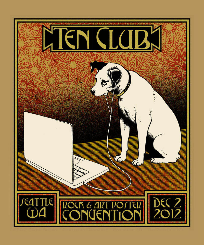 Chuck Sperrys vintage-style poster for the Ten Club Rock & Art Poster Convention in Seattle on December 2, 2012, showcases a dog with headphones and a laptop. The bold design mirrors the dynamic flair of Sperry’s Helikon Solo Show with stylized text and intricate patterns.