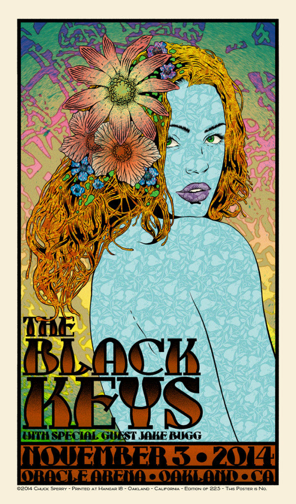 Chuck Sperrys psychedelic poster showcases a stylized red-haired woman with a floral headpiece. It features text: The Black Keys with special guest Jake Bugg, November 3, Oakland 2014, Oracle Arena, amidst vibrant and colorful patterns.