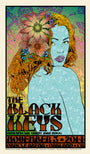Chuck Sperrys psychedelic poster showcases a stylized red-haired woman with a floral headpiece. It features text: The Black Keys with special guest Jake Bugg, November 3, Oakland 2014, Oracle Arena, amidst vibrant and colorful patterns.
