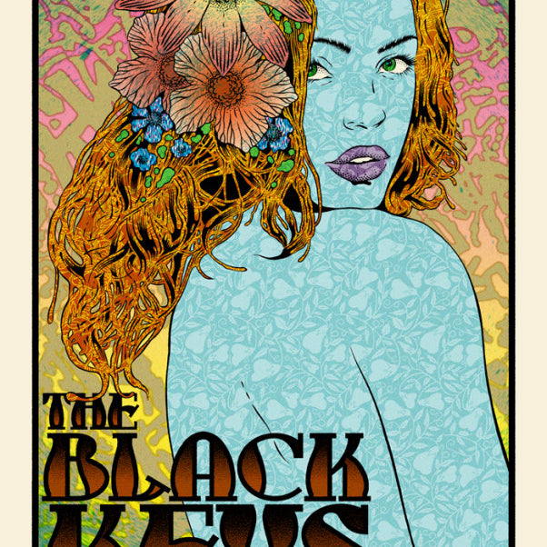 Chuck Sperrys psychedelic poster showcases a stylized red-haired woman with a floral headpiece. It features text: The Black Keys with special guest Jake Bugg, November 3, Oakland 2014, Oracle Arena, amidst vibrant and colorful patterns.