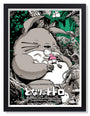 Limited edition screenprint by Joshua Budich: a large grey creature similar to Totoro with a small child on its belly, set in lush greenery and tree roots. Signed, numbered, with Japanese text and event details at the bottom.