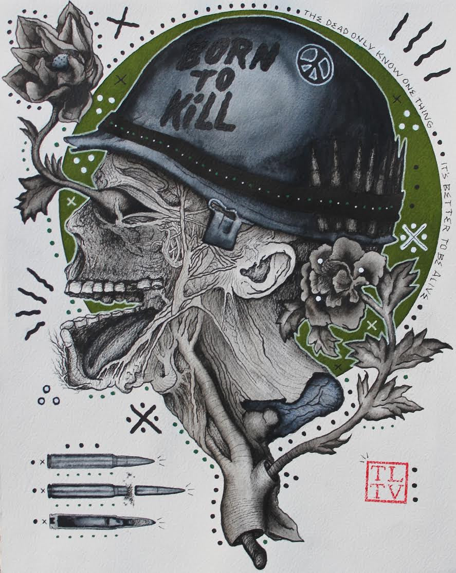 This striking TLtv illustration showcases a skeletal soldiers head wearing a Born to Kill helmet, painted with watercolor and ink on premium Arches paper. Surrounded by flowers, bullets, and a poignant quote, the artwork is set against green and black patterns.