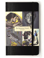 The Paragon Books Project Volume I is a black notebook with a vibrant cover displaying international artists illustrations. Inspired by the Spoke Art gallery, designs like a woman, bird, and masked figure adorn it, and an elastic band closure ensures its a captivating creative expression.