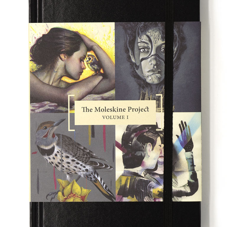 The Paragon Books Project Volume I is a black notebook with a vibrant cover displaying international artists illustrations. Inspired by the Spoke Art gallery, designs like a woman, bird, and masked figure adorn it, and an elastic band closure ensures its a captivating creative expression.