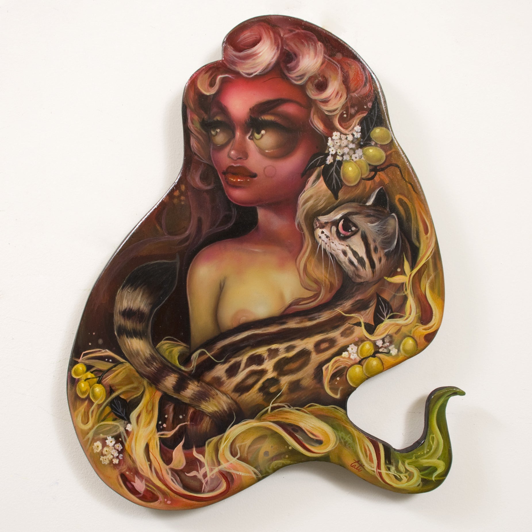 Vivid oil on birch by Tatiana Suarez features a fantastical figure with colorful hair, bold makeup, and a margay. Grapes and swirling hues amplify its ethereal and magical vibe.