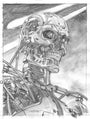 This detailed graphite sketch by Jason Edmiston depicts a futuristic android with exposed mechanics, showcasing intricate gears, wiring, and a partially visible skull-like face with glowing eyes against a dramatic background.