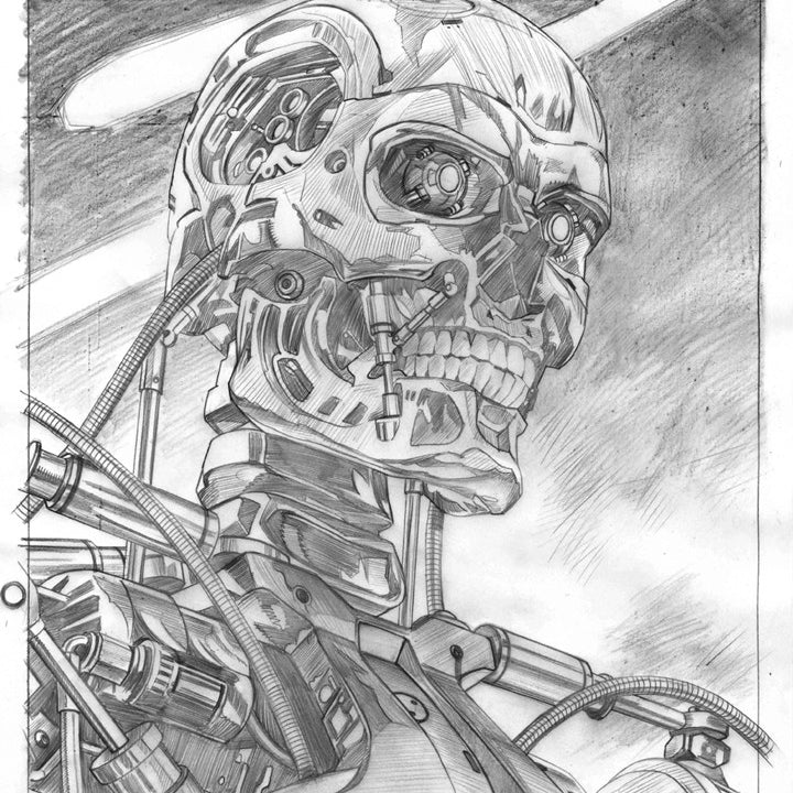 This detailed graphite sketch by Jason Edmiston depicts a futuristic android with exposed mechanics, showcasing intricate gears, wiring, and a partially visible skull-like face with glowing eyes against a dramatic background.
