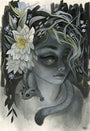 A mystical woman with green skin and flowing hair adorned with flowers and plants features prominently, inspired by Tatiana Suarez. A small ferret-like creature crawls around her shoulders amidst a background reminiscent of Spoke Art San Francisco, filled with delicate floral details.