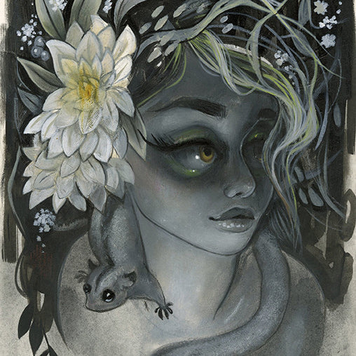 A mystical woman with green skin and flowing hair adorned with flowers and plants features prominently, inspired by Tatiana Suarez. A small ferret-like creature crawls around her shoulders amidst a background reminiscent of Spoke Art San Francisco, filled with delicate floral details.