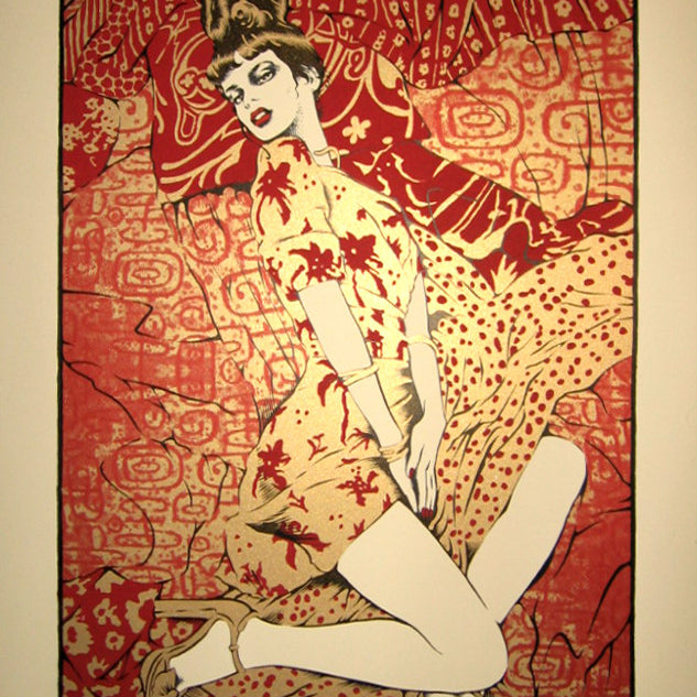 Chuck Sperrys retro-style poster shows a woman reclining with red and beige patterns. Reel Big Fish • The English Beat text adorns the top. Part of the Goldenvoice Series, it includes event details for August 3, 2009, at The Regency SF.