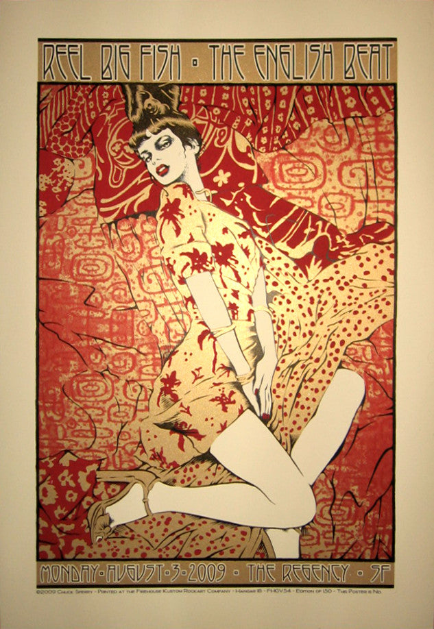 Chuck Sperrys retro-style poster shows a woman reclining with red and beige patterns. Reel Big Fish • The English Beat text adorns the top. Part of the Goldenvoice Series, it includes event details for August 3, 2009, at The Regency SF.