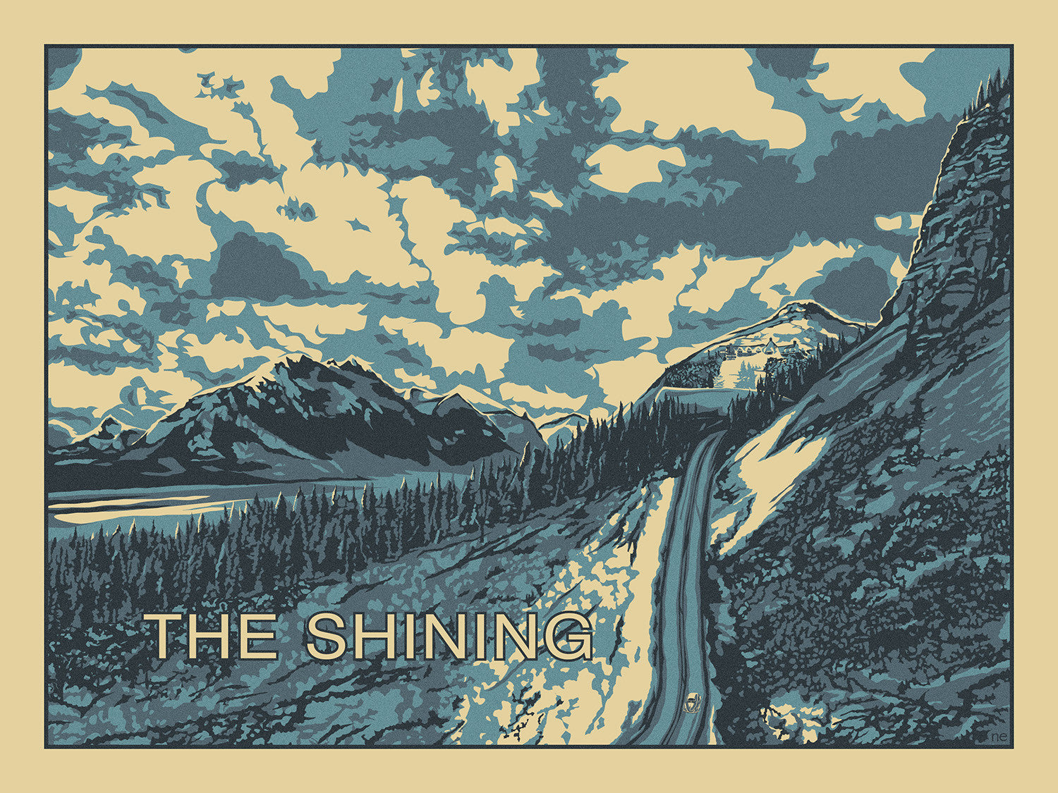 This limited edition New Flesh illustrated poster of The Shining features a screen print of a winding road leading to a distant building, enveloped by lush forests and towering mountains under a dramatic cloudy sky.
