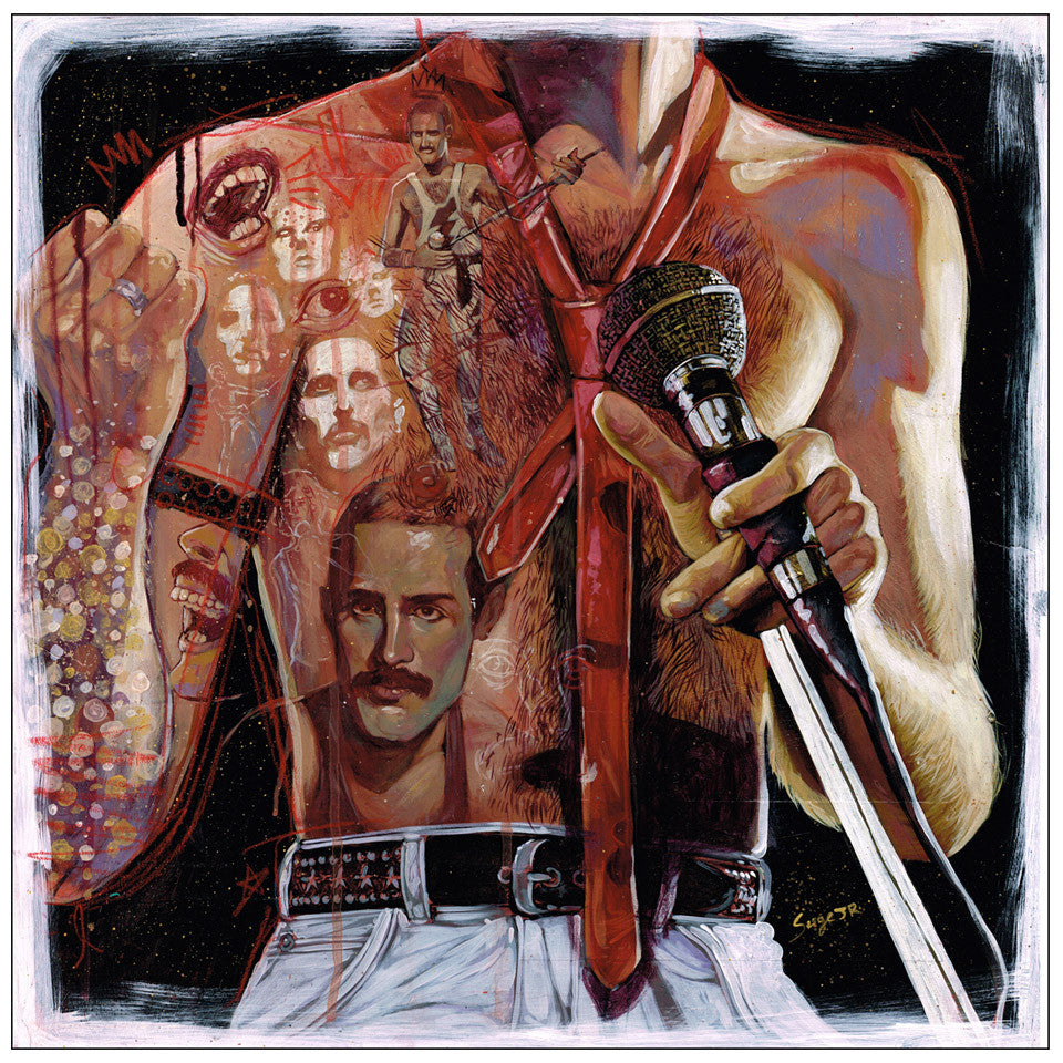 A vibrant abstract painting by Serge Gay Jr. captures Freddie Mercurys essence, showing a figure with a microphone and smaller portraits within its chest and arm, featuring a signature red tie and white studded belt to honor the rock legend.
