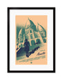Thomas Walkers framed fine art print showcases a stylized illustration of a person approaching Sacré-Cœur Basilica for the film Amélie. It features warm and cool colors with Amélie prominently displayed.