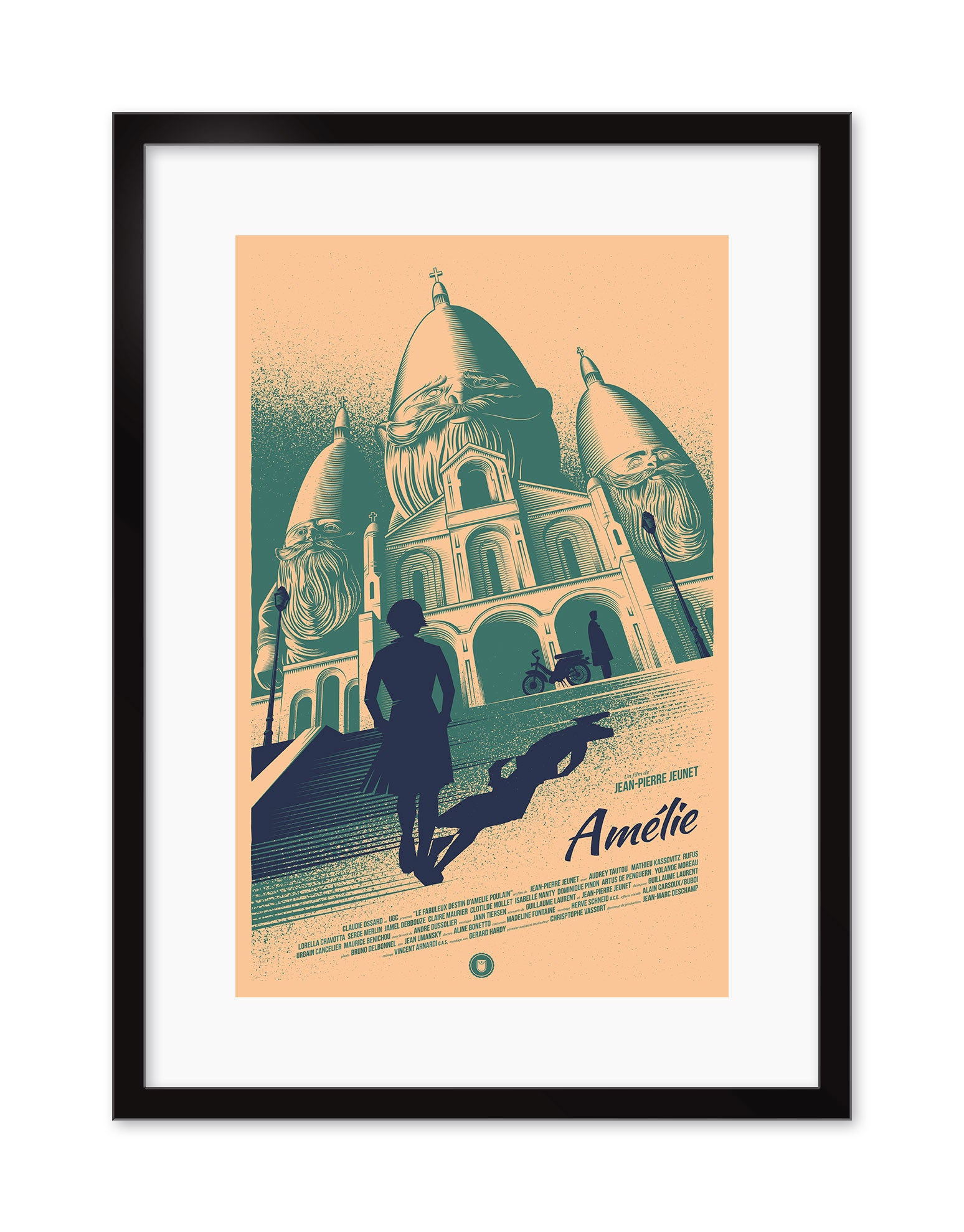 Thomas Walkers framed fine art print showcases a stylized illustration of a person approaching Sacré-Cœur Basilica for the film Amélie. It features warm and cool colors with Amélie prominently displayed.