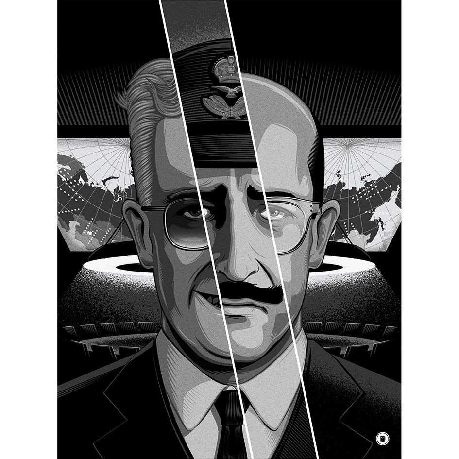 This limited edition grayscale illustration by Thomas Walker is split into three vertical sections, showcasing varied facial features that express duality and conflict. Enhanced by a war room map backdrop, this fine art giclee captivates with its nuanced storytelling.