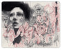 A surreal graphite drawing by Craww features a womans face in black and white, surrounded by detailed red and pink flowers with abstract patterns, blending realism and fantasy to create a dreamlike atmosphere.