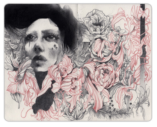 A surreal graphite drawing by Craww features a womans face in black and white, surrounded by detailed red and pink flowers with abstract patterns, blending realism and fantasy to create a dreamlike atmosphere.