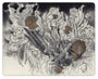 A detailed black and gray bird drawing with abstract floral designs and five gold circles, echoing Craww art. This piece, similar to those at Spoke Art San Francisco, skillfully merges realism with surreal elements.