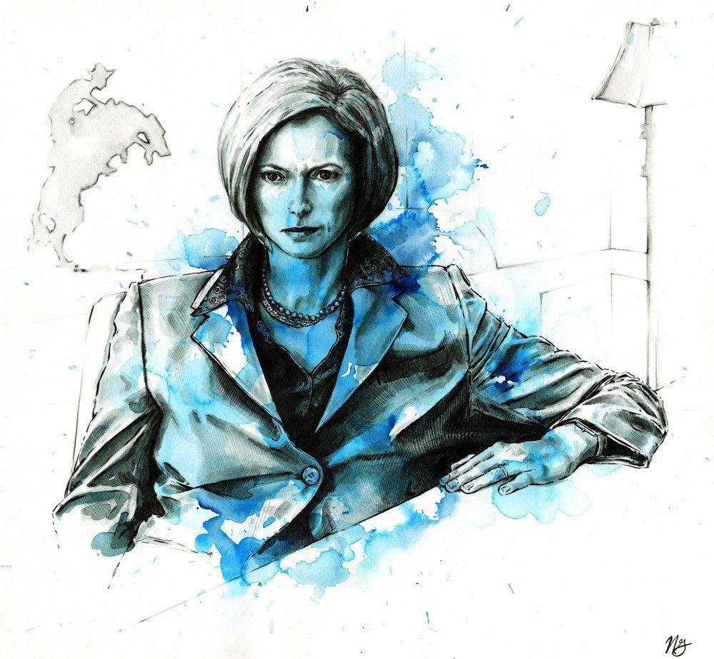 Nicole Guice presents a watercolor and pencil illustration of a short-haired woman in a suit, echoing spy themes. Her intense expression is captured in blue and black tones, seated against an abstract horse silhouette backdrop. The artwork is vibrantly rendered with ink on paper splashes.