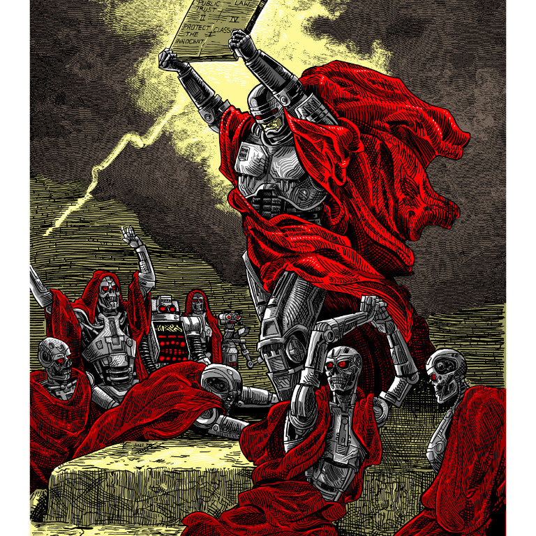 Robots clad in red robes stand with arms raised toward a glowing tablet above them, against a dramatic cloudy sky. One robot holds the tablet, evoking a historic scene reminiscent of a Tim Doyle screen print.