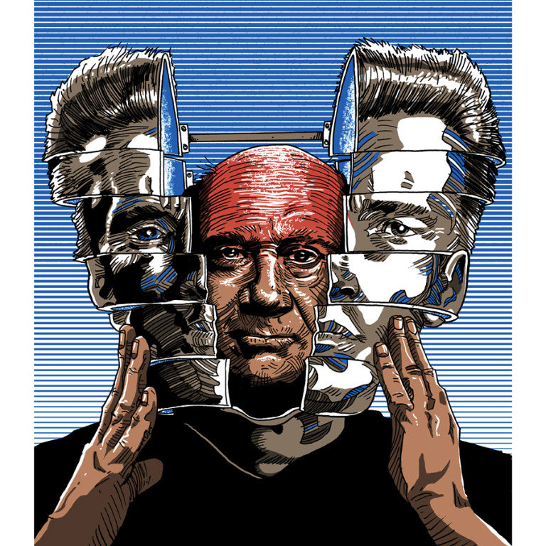 A surreal Tim Doyle-style illustration shows a man with a futuristic helmet in panels, merging with his face to reveal his true self. The screen print has a striped blue and white backdrop and the text Its Always Sunny on Mars.