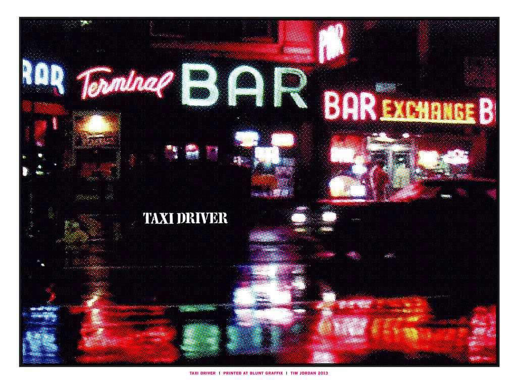 A neon-lit street scene at night, reminiscent of a Taxi Driver screen print by Tim Jordan, showcases signs Terminal Bar and Bar Exchange in vibrant colors with shimmering reflections on wet pavement. It creates a classic retro urban vibe—a perfect Martin Scorsese tribute.