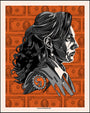 An illustrated side profile of a long-haired woman against an orange backdrop with dollar bills. CA is on her shoulder, and ACCEPT NO SUBSTITUTES stands out below, blending Quentin vs Coen-inspired bold colors and patterns. The design mirrors Tim Doyles screen print style.