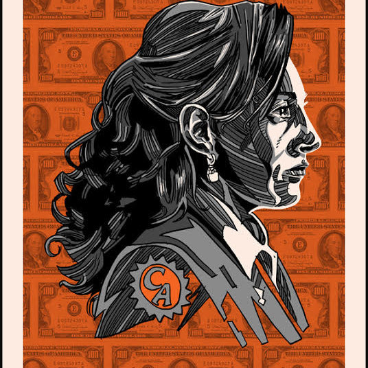 An illustrated side profile of a long-haired woman against an orange backdrop with dollar bills. CA is on her shoulder, and ACCEPT NO SUBSTITUTES stands out below, blending Quentin vs Coen-inspired bold colors and patterns. The design mirrors Tim Doyles screen print style.